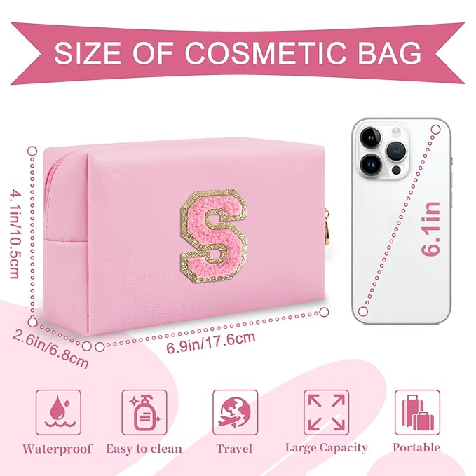 Personalized Initial A-Z Preppy Patch Makeup Bag,Small PU Leather Chenille Letter Cosmetic Bag with Zipper for Teen Girls,Pink Cute Travel Toiletry Bag,Birthday Monogrammed Gift for Daughter,Letter S