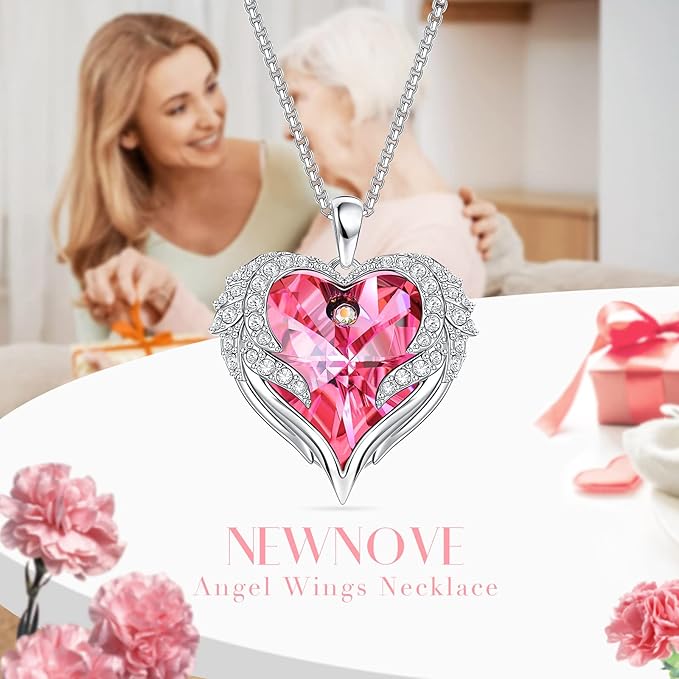 Preserved Real Pink Rose with Angle Wings Necklace, Forever Flowers Gifts for Mom Grandma Wife Girlfriend at Christmas Valentines, Anniversary Birthday Gifts for Women, I Love You Gifts for Her
