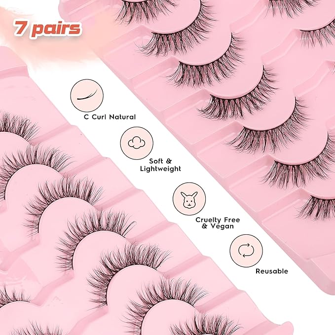 Eyelashes Natural Cat Eye Lashes 15mm Wispy Eyelashes Flared Fluffy Strip Lashes 0.1MM Thin Band False Eyelashes C Curl Lashes Siligli Eye Lashes Pack 7 Pair