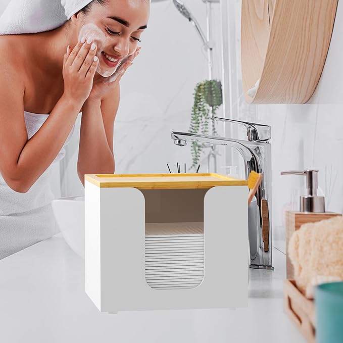 VITVITI Disposable Face Towel Holder Box, Acrylic Facial Towel Container for XL Clean Skin Club, Large Disposable Face Towels Storage with Bamboo Lid, for Bathroom, Vanity Makeup, White