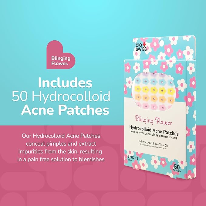 BioSwiss Pimple Patches, Blinging Flowers Patch for Zits and Blemishes, Hydrocolloid Spot Stickers for Face and Skin, 50 Count
