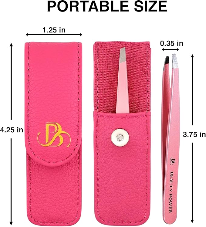 Professional Tweezers in Case - Slant, Durable Lightweight German Stainless Steel, Ultra Precision Tweezers for Eyebrows, Facial Hair, Chin, and Ingrown Hair Removal - Gift (Pink)