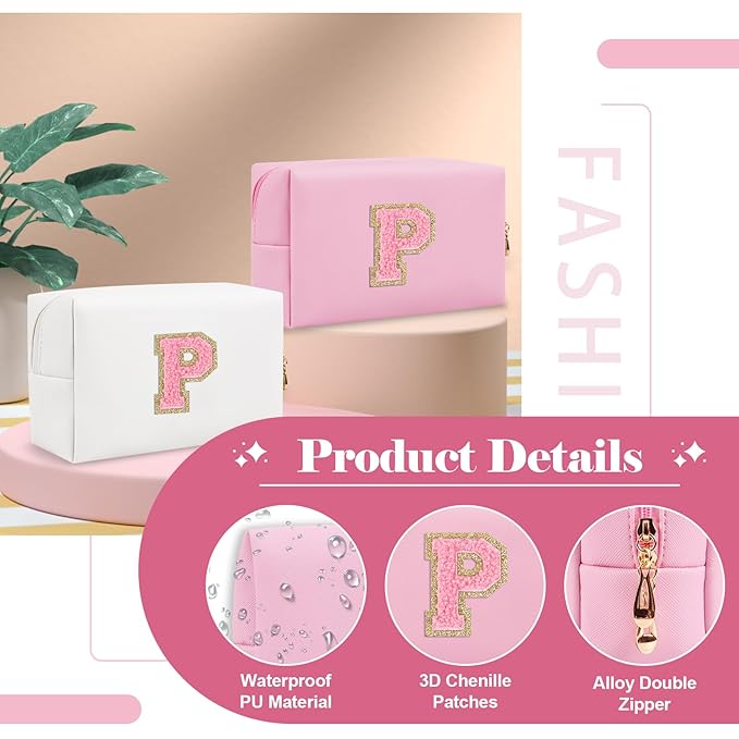 Personalized Initial A-Z Preppy Patch Makeup Bag,Small PU Leather Chenille Letter Cosmetic Bag with Zipper for Teen Girls,Pink Cute Travel Toiletry Bag,Birthday Monogrammed Gift for Daughter,Letter P