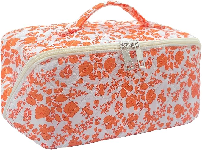 Orange Large Quilted Floral Makeup Bag Cute Coquette Aesthetic Cosmetic Bag Open Flat Travel Toiletry Make up Bag for Women