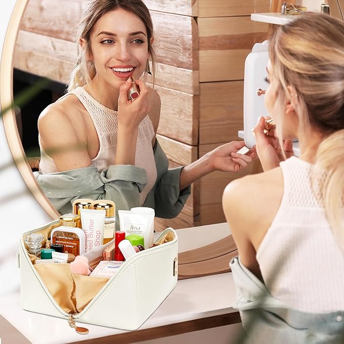 Birthday Gifts for Women Teen Girl, Personalized Initial Makeup Organizer Bag Set, Open Flat Travel Cosmetic Bag With Clear Divider and Handle(Beige,C)