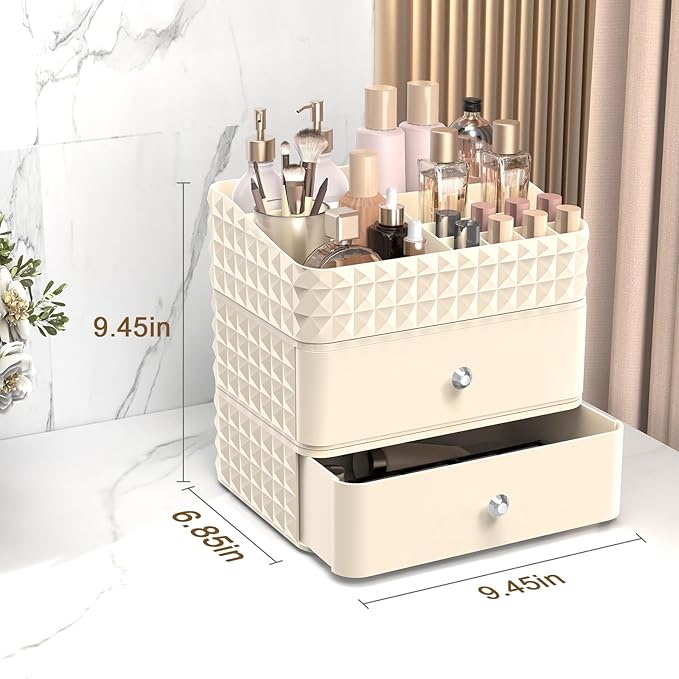 Makeup Organizer for Vanity, Stackable Cosmetics Organizer and Storage, Cosmetic Display Cases with 2 Drawers and 1 Tray for Makeup Brush, Hair Accessories, Lipstick and Jewelry, Beige
