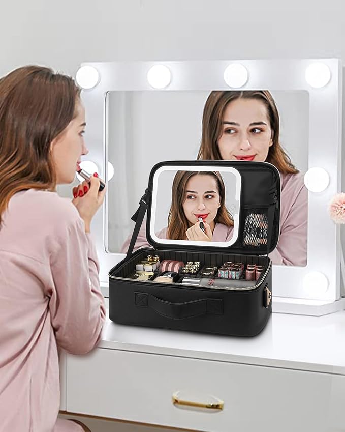 Chomeiu Makeup Bag with LED Mirror, Large Travel Cosmetic Train Case for Women, Makeup Artists Large Organizer Box with Vanity Light Up Mirror, 3 Color Lights, Adjustable Dividers (Black)