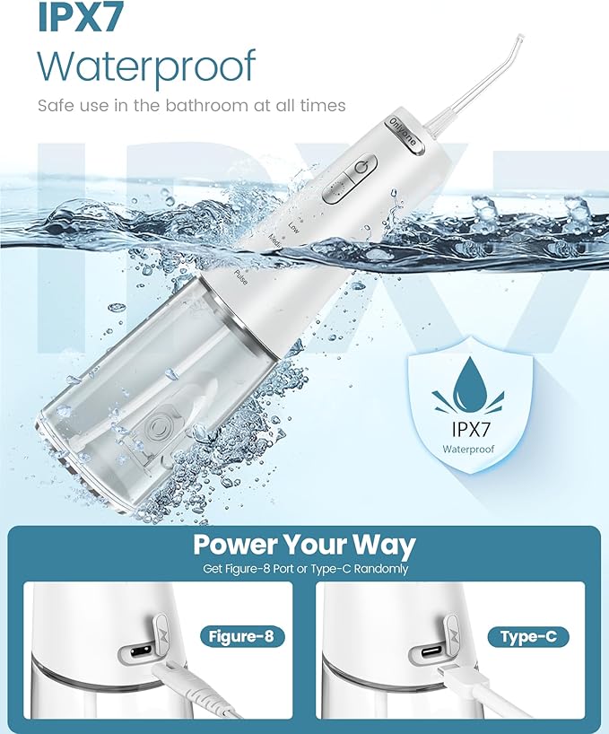 Onlyone Water Dental Flosser, 300ML Portable Oral Irrigator for Teeth, 4 Modes and 5 Jet Tips,Rechargeable Irrigation Cleaner,Electric Flossing Machine Power Flossers & Irrigator Accessories White