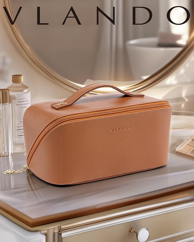 Vlando Travel Makeup Bag,Brown Leather Make up Bag,Portable Toiletry Bag with Divider and Handle,Gifts for Women (Brown)