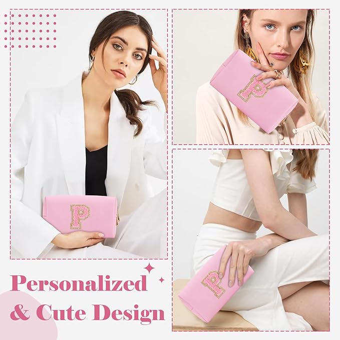 Personalized Initial A-Z Preppy Patch Makeup Bag,Small PU Leather Chenille Letter Cosmetic Bag with Zipper for Teen Girls,Pink Cute Travel Toiletry Bag,Birthday Monogrammed Gift for Daughter,Letter P
