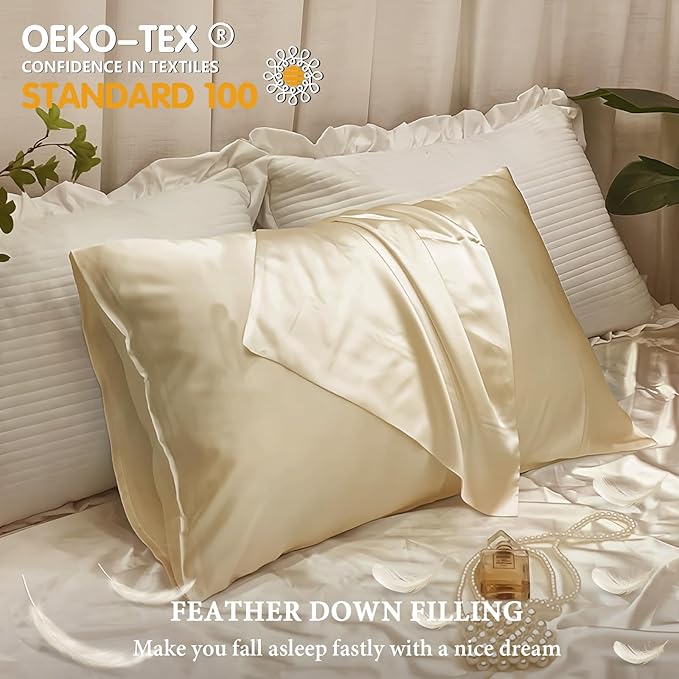 BHZ Satin Goose Down Feather Pillows Queen Size with Beige Satin Pillowcase for Hair and Skin, Cooling Pillow Cases Similar to Silk Pillow Cases, Christmas Decorative Gifts for Women, Mom Men