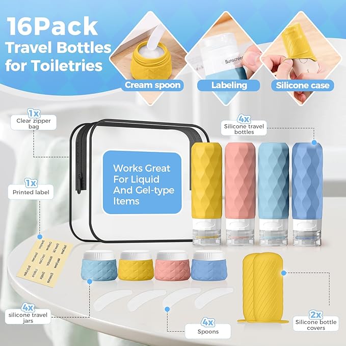 16Pack Travel Bottles for Toiletries, TSA Approved Travel Size Toiletries Containers Set, Silicone Leak Proof Refillable Bottles Elastic Sleeves Creams Jars Accessories Kit W/Clear Bag (Bright)