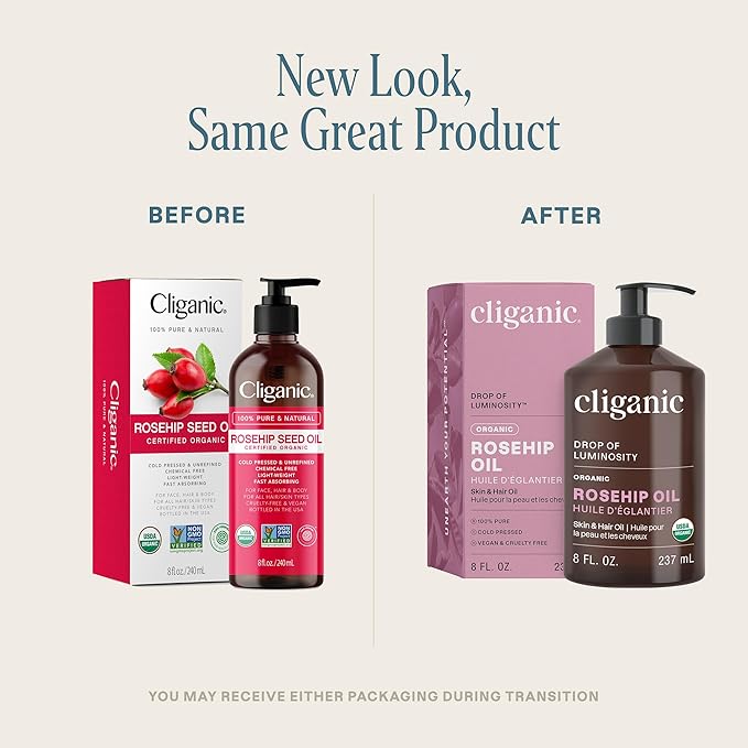 Cliganic Organic Rosehip Seed Oil for Face, 100% Pure | Natural Cold Pressed Unrefined Non-GMO | Carrier Oil for Skin, Hair & Nails (Packaging May Vary)