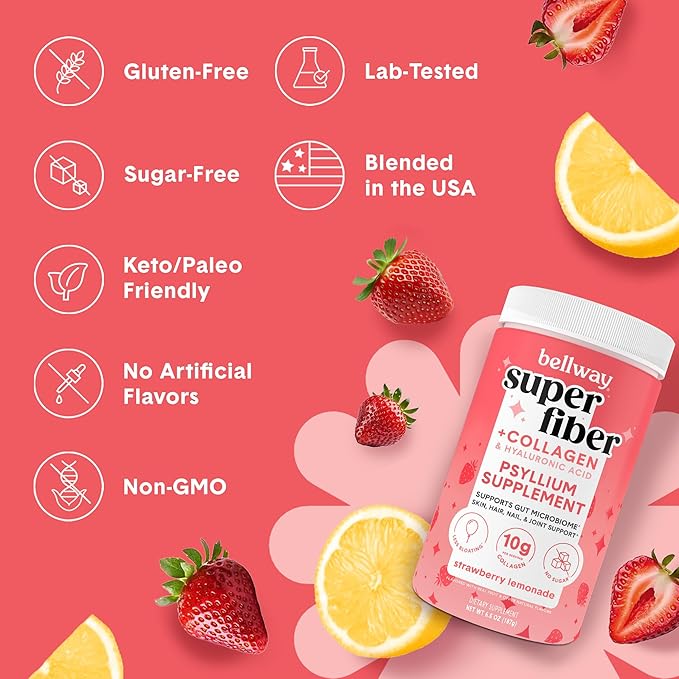 Bellway Super Fiber Powder + Collagen, Sugar-Free Psyllium Husk Powder with Collagen Peptides and Hyaluronic Acid for Gut Health, Healthy Skin, Nails, Bones & Joints, Strawberry Lemonade (11 Servings)
