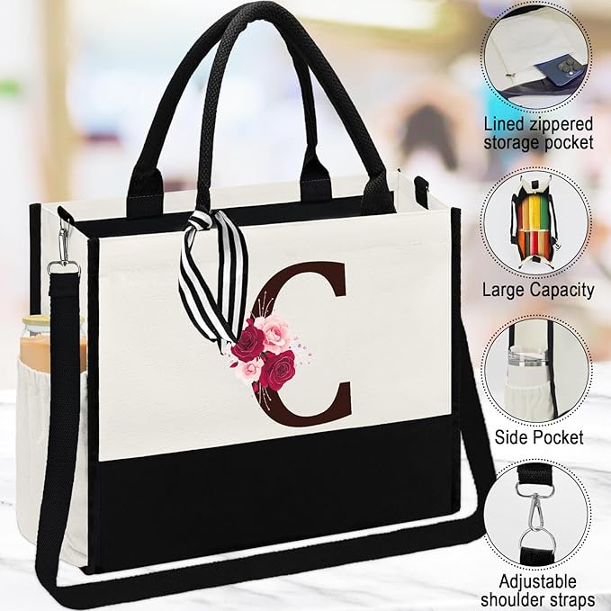 Birthday Gifts for Women,Initial Canvas Tote Bag,Monogrammed Gift for Women,16oz Initial Glass Cup,Makeup Bag with Zipper,Jewelry Organizer Box,Personalized Gifts for Mom-C