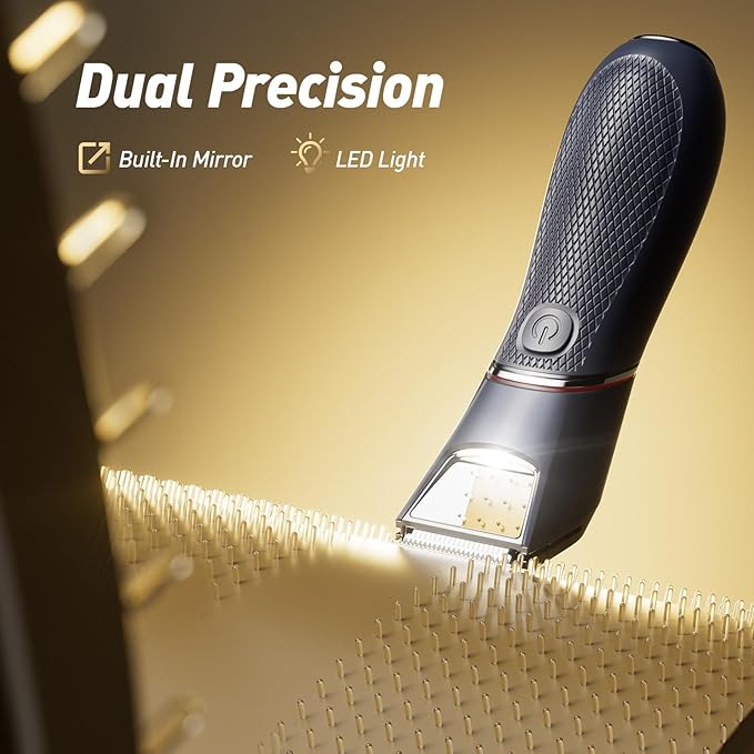 Body Hair Trimmer for Men: Pubic Hair Trimmer with Mirror & LED Light - Electric Ball Shavers with Ceramic Blades & Travel Lock - Body Groomer IPX7 Waterproof Wet or Dry Use for Groin/Legs/Chest