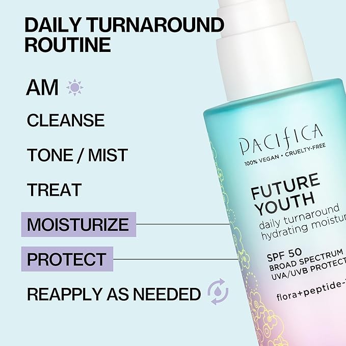 Pacifica Peptide Face Moisturizer Future Youth Daily Turnaround Hydrating, SPF 50 Broad Spectrum, UVA/UVB Sun Protection, Sunscreen, Face Moisturizer, Anti-Aging, Vegan, 1.7 fl oz (1 Count)