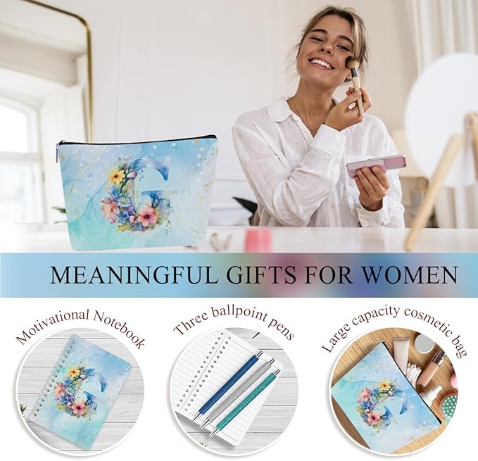 Personalized Gifts Monogrammed Birthday Gifts for Women, Mentor Employee Appreciation Christmas Initial 20 oz Tumbler, Makeup Bag Cup Ballpoint Pens Journal Notebook 6 Set, (Aesthetic Blue Flower G)