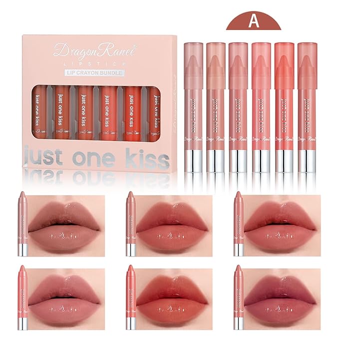BONNIE CHOICE 6Pcs Moisturizing Gloosy Nude Lipstick Set, Waterproof Long Lasting Non-Stick Cup 24 Hour Nude Lip Crayon Pencil Makeup Cosmetic Lip Liner Pen Set for Women Gifts (Lip Crayon A)