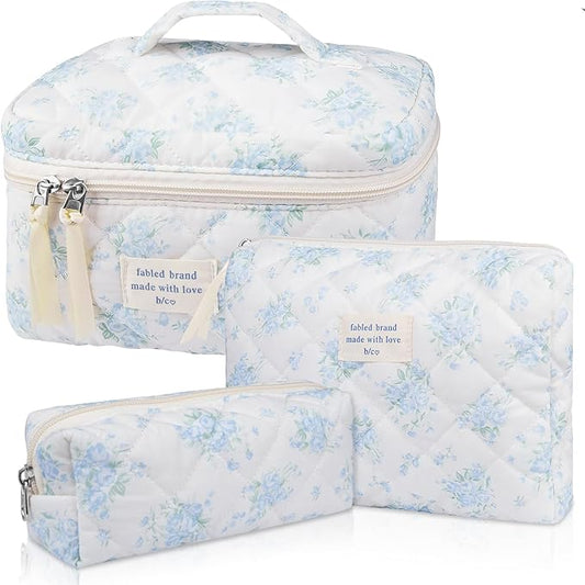 Makeup Bag Set, Quilted Makeup Bag, Large Floral Cosmetic Bag for Women, Cute Cotton Makeup Bags, Flower Travel Toiletry Organizer Bag (Blue Rose)