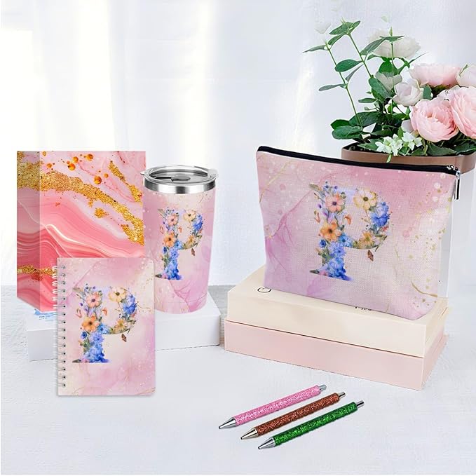Personalized Gifts Monogrammed Birthday Gifts for Women, Mommy, Female Going Away Christmas, Initial 20 oz Tumbler, Makeup Cosmetic Bag Cup Pens Journal Notebook 6 Set, (Aesthetic Pink Flower P)
