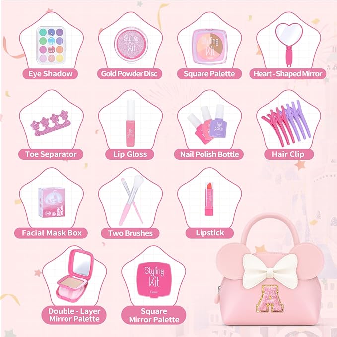 Kids Real Makeup Kit for Girls - 21Pcs Non-Toxic Make Up Toys with Initial Toddler Purse - Personalized Birthday Gifts for Age 5 6 7 8 9 10 Years Old Girls Vanity Set - Purple L