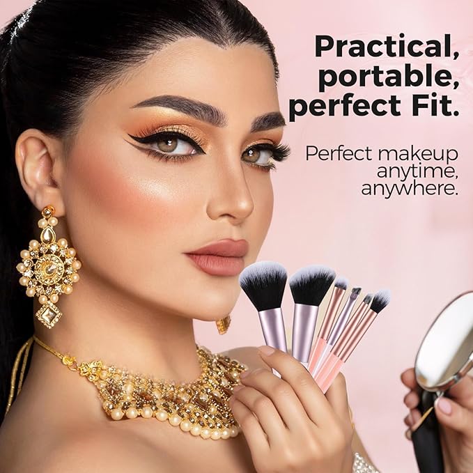 Travel Makeup Brush Set – Portable 6PCS Mini Cosmetic Brushes for Foundation, Concealer, Eyeshadow, Blush, Powder, Contour & Highlight, On-the-Go Makeup Brush Kit with Travel Case