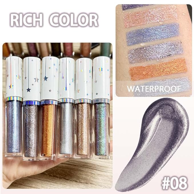 evpct Liquid Shimmery Glitter Eyeshadow Eyeliner, High Pigment Colored Metallic Eyeshadow Stick Eyeliner, Waterproof Long Lasting Sparkle Eye Makeup Set for Women, 08# Dark Grey
