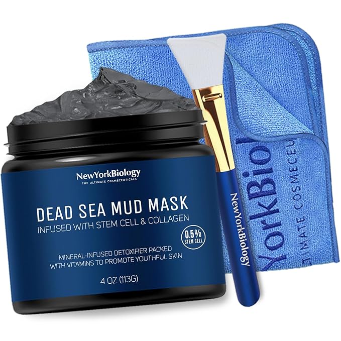 New York Biology Dead Sea Mud Mask for Face & Body | with Stem Cell and Collagen | Face Mask, Brush Applicator, Towel | Spa Quality Pore Refiner for Oily Skin | Natural Skincare for Women & Men | 4 oz