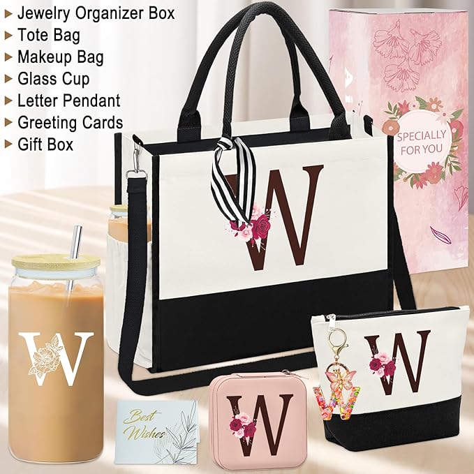 Birthday Gifts for Women,Initial Canvas Tote Bag,Initial Gift for Women,16oz Initial Glass Cup,Initial Makeup Bag with Zipper,Jewelry Organizer Box,Personalized Gifts for Mom-W