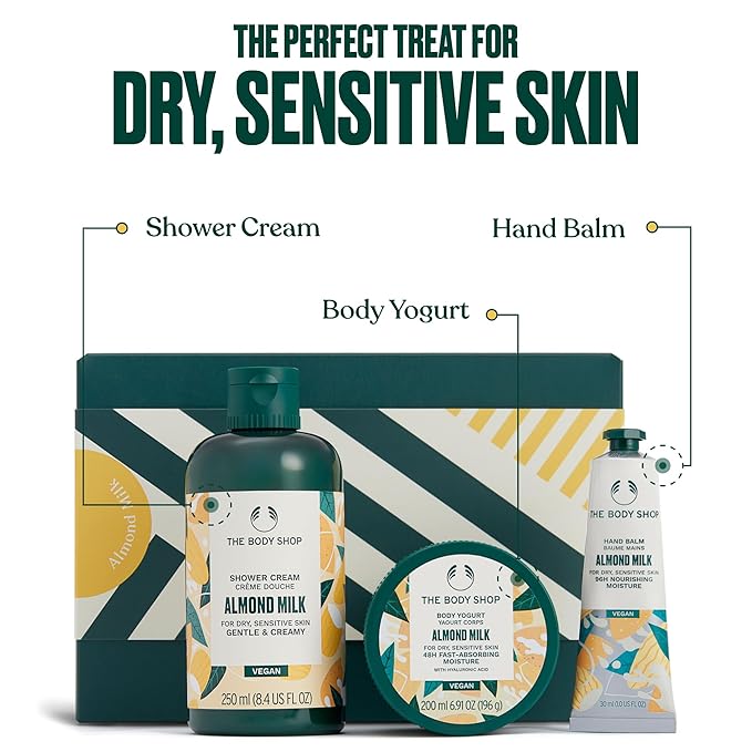 The Body Shop Almond Milk Gift Set - 3 Piece Set, Shower Cream, Body Yogurt, Hand Balm,Vegan