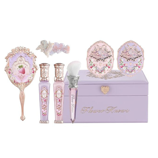 Flower Knows Violet Strawberry Rococo Makeup Box Set,8 Pack Makeup Box with Mirror,Lip Gloss×2+Blush×2+Blush Brush×1+Wisteria Purple Handheld mirror×1+Hair Clip×1+Gift Box×1