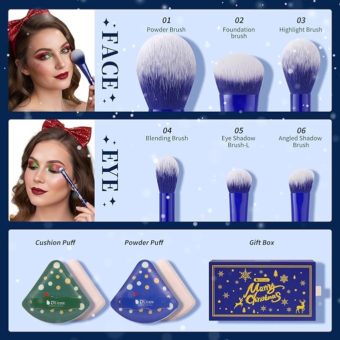 DUcare Christmas Makeup Brushes Set 6Pcs Makeup Brush Set Premium Synthetic Kabuki Foundation Blending Face Powder Blush Concealers Eye Shadows Brushes