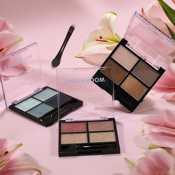 4-in-1 Eye Makeup Kit 4 Colors Eyeshadow Palette Black Liqiud Eyeliner with Stamp and Double-headed Brown Eyebrow Pencil Set for Women Beginners Gift (03)