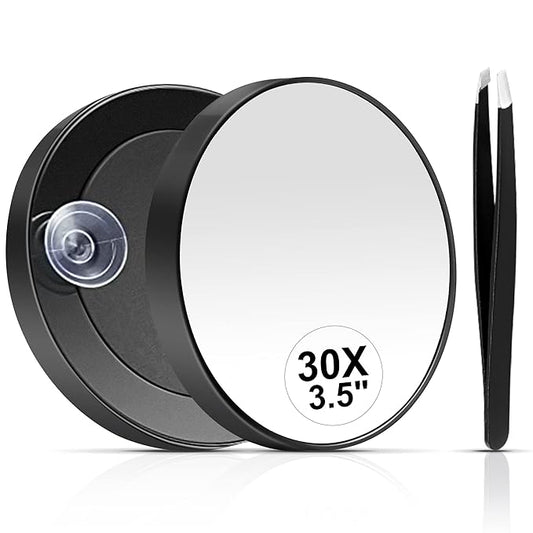MIYADIVA 30X Magnifying Mirror, Small Travel Mirror with Suction Cup and Tweezers, 3.5 Inches
