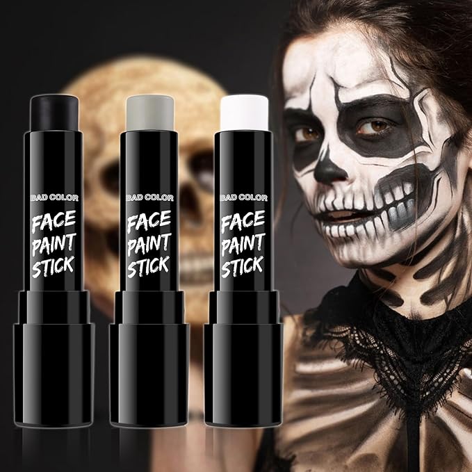 BADCOLOR 3PCS Black White Grey Face Body Paint Stick Makeup for Skull Skeleton Goth Mime SFX Cosplay & Dress Up, Full-Coverage Halloween Facepaint Makeup Kit