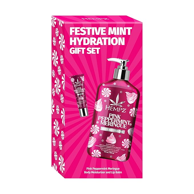 Hempz Festive Mint Hydration Pink Peppermint Meringue Gift Set, Body Loton and Lip Balm Duo, Limited Edition, 17 oz and .44 oz