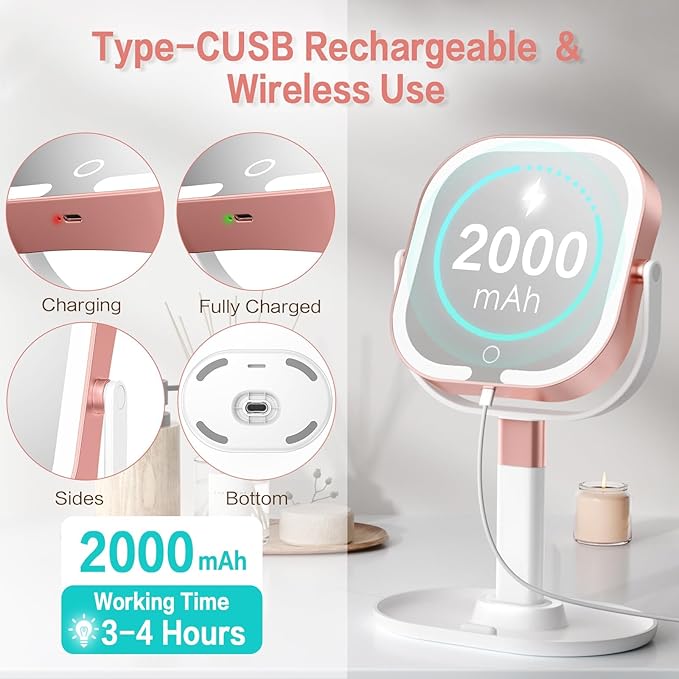 Makeup Mirror with Lights, 1X/10X Magnifying Vanity Mirror with 3 Colors, 2000mAh Rechargeable Double Sided Magnifying Mirror, Height Brightness Adjustable, 360° Rotation Vanity