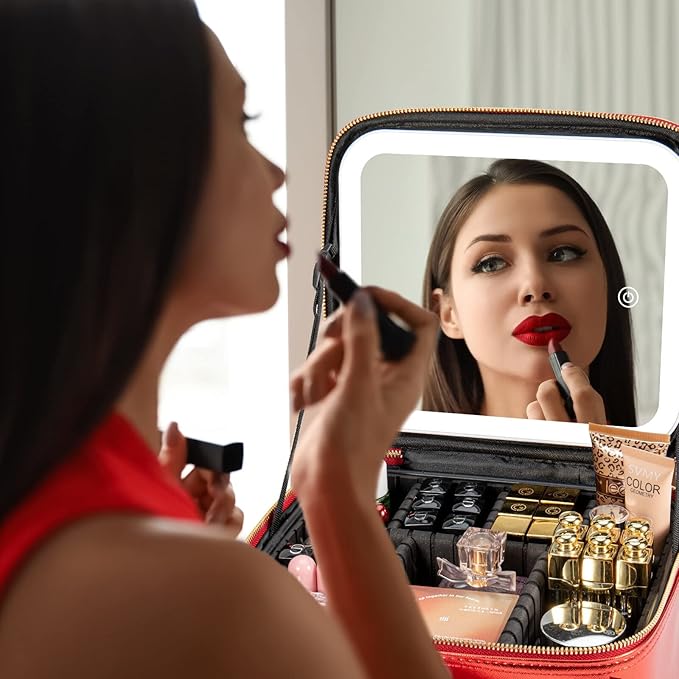 Makeup Travel Train Case with Mirror LED Light 3 Adjustable Brightness Large Cosmetic Bag Portable Storage Adjustable Partition Waterproof Brushes Make up Jewelry Gift for Women