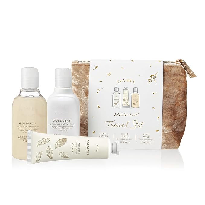 Thymes Perfumed Travel Set and Beauty Bag - Contains Body Wash, Body Lotion & Hand Cream - Goldleaf