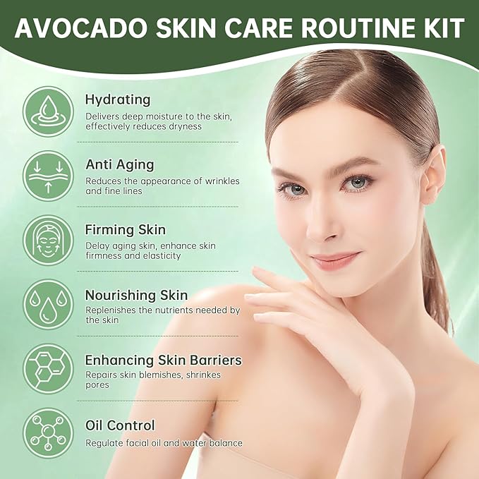 Avocado Skin Care Set, Skincare Gifts Kits For Hydrating Skin, Anti Aging Facial Kit For Women With Facial Cleanser, Toner, Face Serum, Lotion, Face Cream, Eye Cream. (6 Pieces)