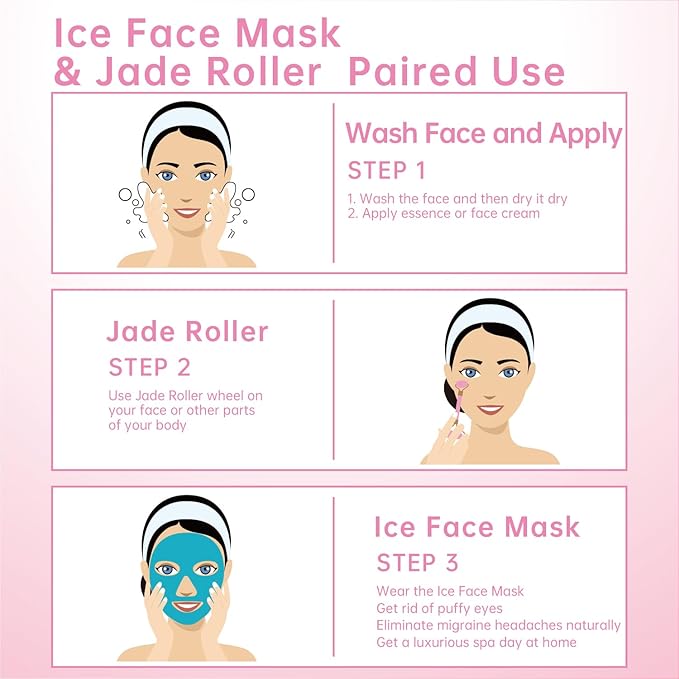 ZNÖCUETÖD Ice Face Facial Jade Roller and Ice Face Mask Cold Cooling Gel Mask Gift Set for Women Aging Wrinkles Lifting Firming Puffy Eyes, Eye Face Neck Roller Massager SPA Tools