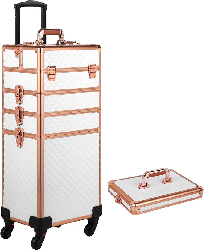 Rolling Makeup Case, Makeup Train Case with Lid, 5 in 1 Cosmetology Case on Wheels, Christmas Gift, Large Makeup Organizers, Profesional Cosmetic Case for Salon Barber, White Gold