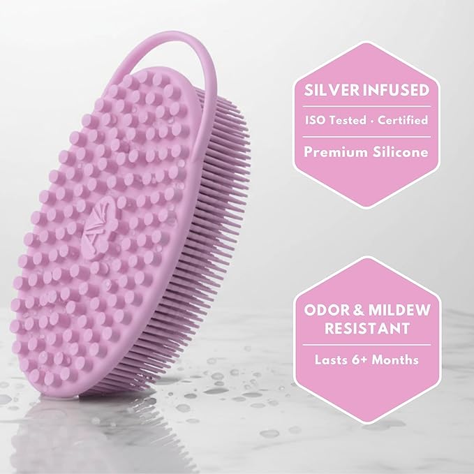 Silver Infused Silicone Body Scrubber Shower - Gentle Back Scrubber Soft Bristles - Avilana Premium Dual Sided Bath Brush Massage - Advanced Material Loofah Alternative - Gift Women Men