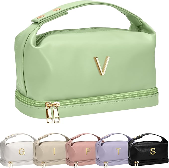Trendy Gifts for Women, Personalized Makeup Bag with Handle, Initial Double Layer Cosmetic Bag with Makeup Brush Organizer, Cute Cosmetic Pouch for Women, Gifts for Friends Female Mom