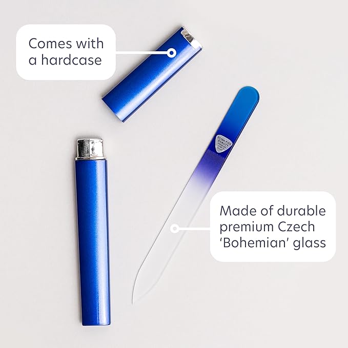 Bona Fide Beauty Glass Nail File with Case, Aqua Cobalt Czech Glass Fingernail Files Handcrafted from The EU. Ideal Nail Care Tool for Natural Nails.