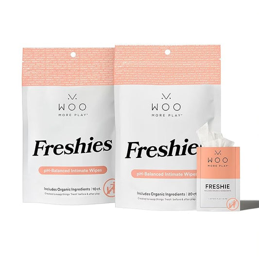 Woo More Play Freshies: All-Natural Feminine Intimacy Towelette Wipes with Coconut Water and Aloe Vera, Promotes Feminine Health & Helps Alleviate Irritation - Vegan and Cruelty Free (30 Count)