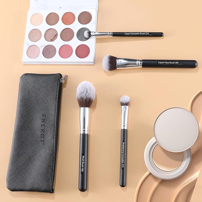 Makeup Brush Set 4PCS Professional Makeup Brushes for Foundation, Blush, Eyeshadow & Under Eye Concealer Blending – Portable Cosmetic Kit with BlackTravel Case for Daily Touchups
