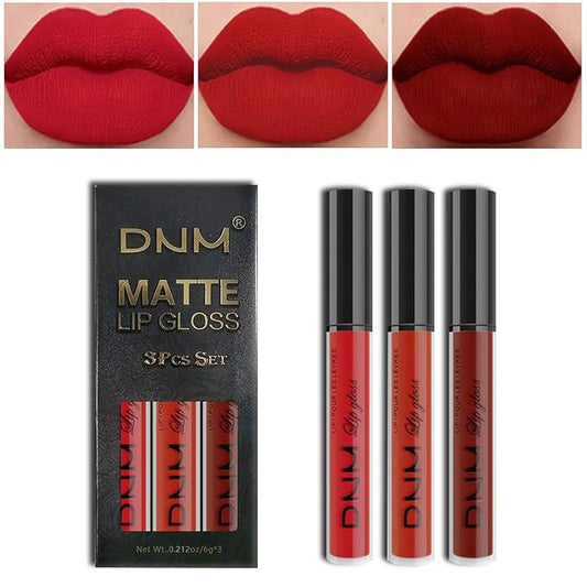 AMY'S DIARY 3Pcs Bright Red Matte Liquid Lipstick Sets, Lip Stain Long Lasting 24 Waterproof Lip Gloss Gift Set Matt Makeup for Women Lippies (05)