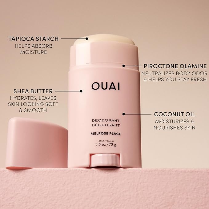 OUAI Aluminum Free Deodorant - Women's Deodorant with 24-Hour Odor Control & Invisible Application - Enriched with Notes of Rose, Berry, Lychee & Pink Peppercorn - Melrose Place (2.5 oz)